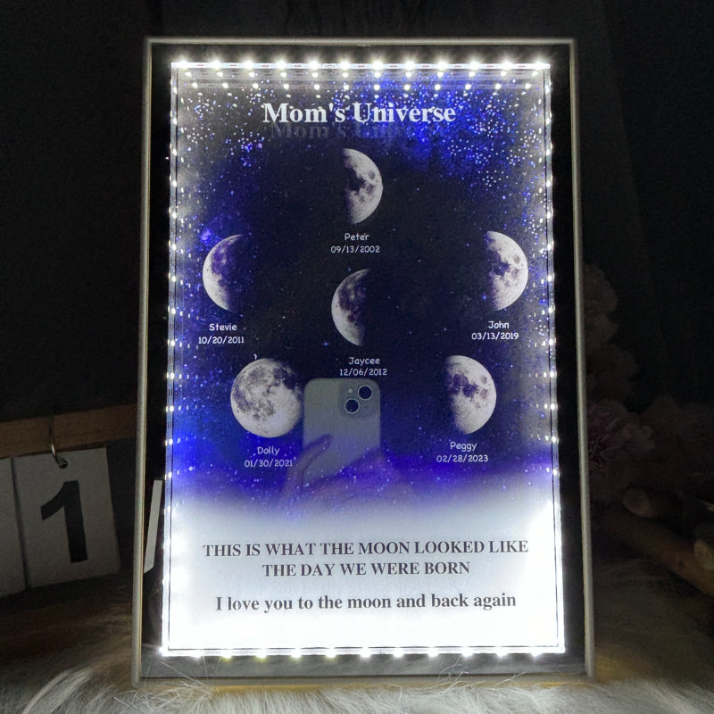L'univers de maman/papa - Miroir lumineux personnalisé avec phases de lune étoilées