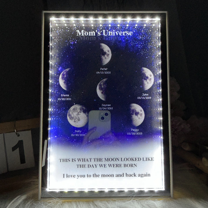 L'univers de maman/papa - Miroir lumineux personnalisé avec phases de lune étoilées
