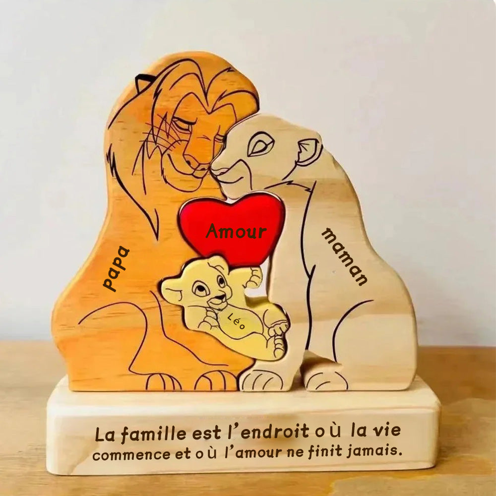 Puzzle personnalisé en bois Famille de lions – Décoration et cadeau personnalisés