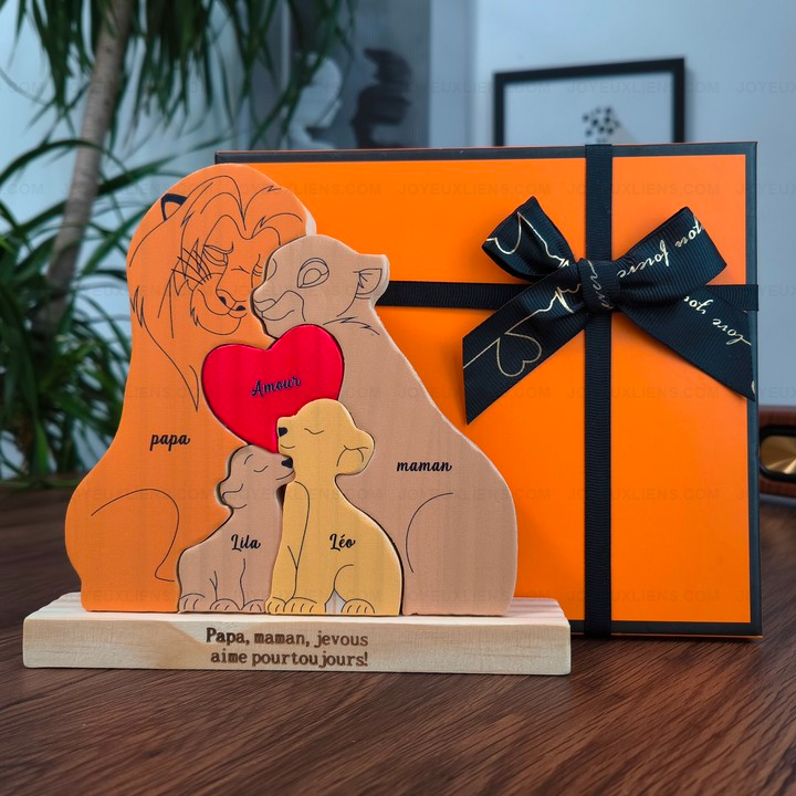 Puzzle personnalisé en bois Famille de lions – Décoration et cadeau personnalisés