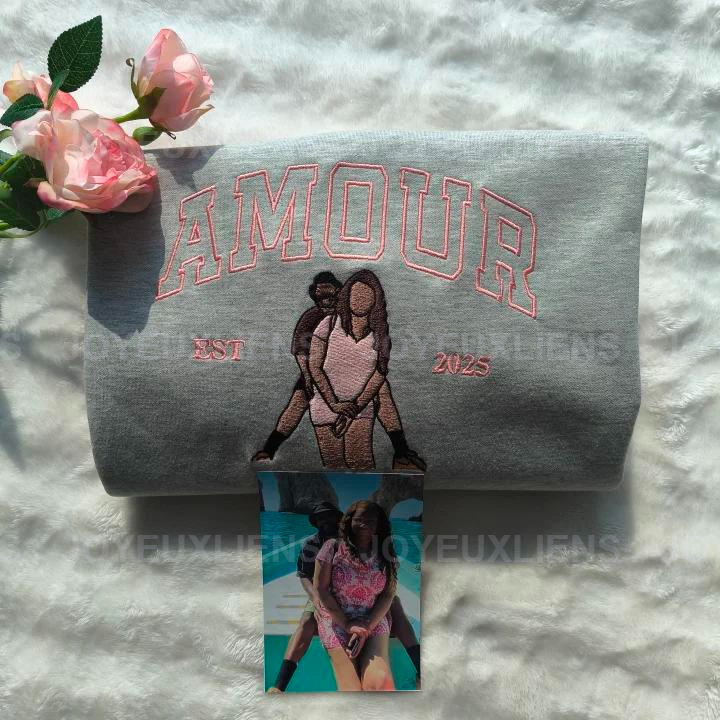 2025 Sweat-shirt personnalisé avec portrait brodé photo AMOUR