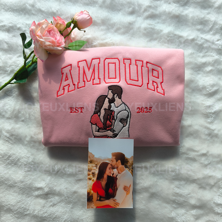 2025 Sweat-shirt personnalisé avec portrait brodé photo AMOUR pour couple