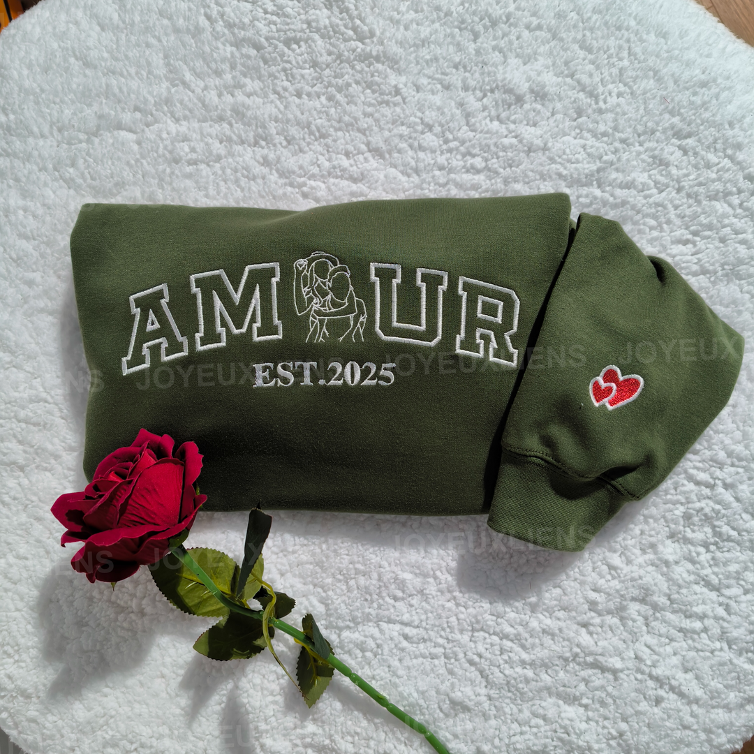 Sweat-shirt personnalisé avec portrait brodé photo AMOUR pour couple,Cadeaux de la Saint-Valentin💓