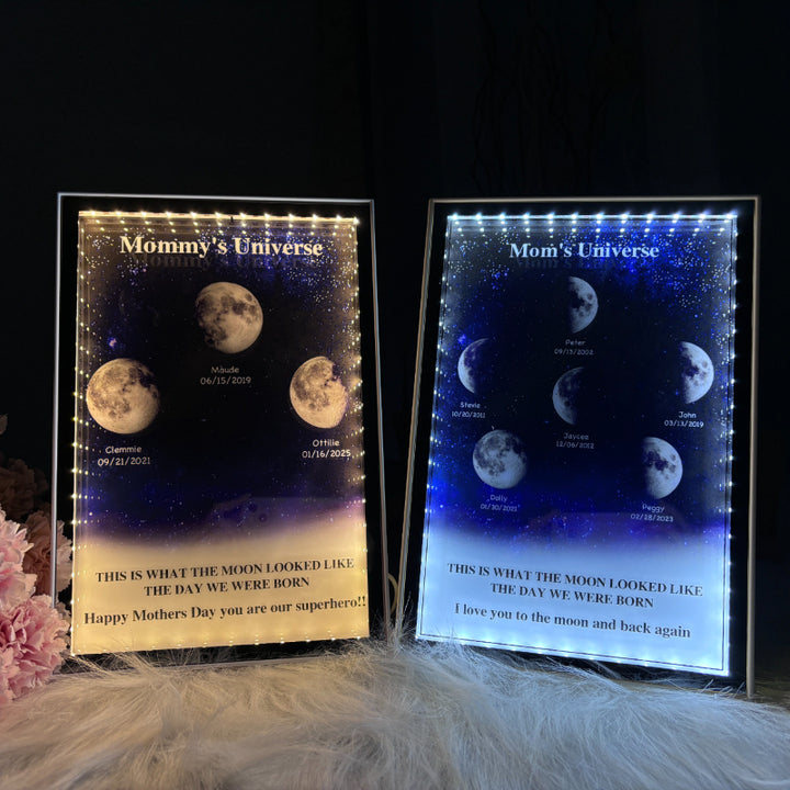 L'univers de maman/papa - Miroir lumineux personnalisé avec phases de lune étoilées