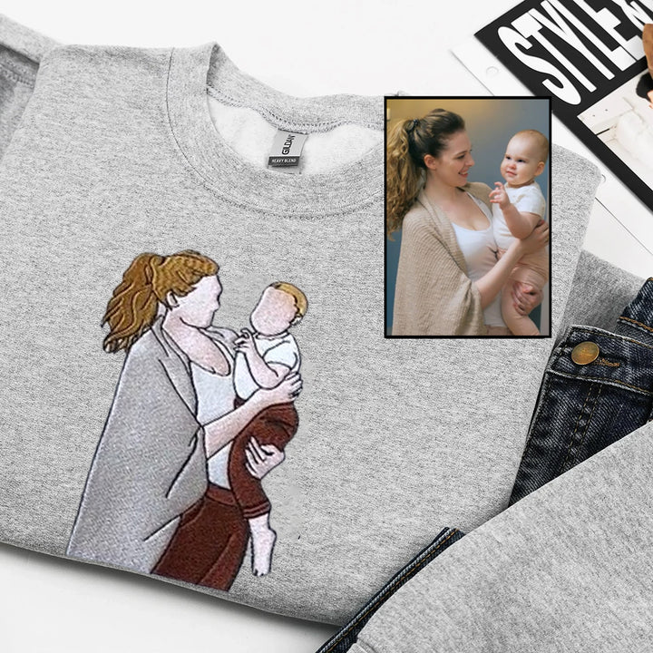T-shirt/sweat-shirt brodé personnalisé avec portrait de maman