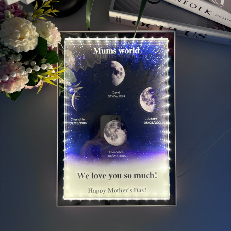 L'univers de maman/papa - Miroir lumineux personnalisé avec phases de lune étoilées