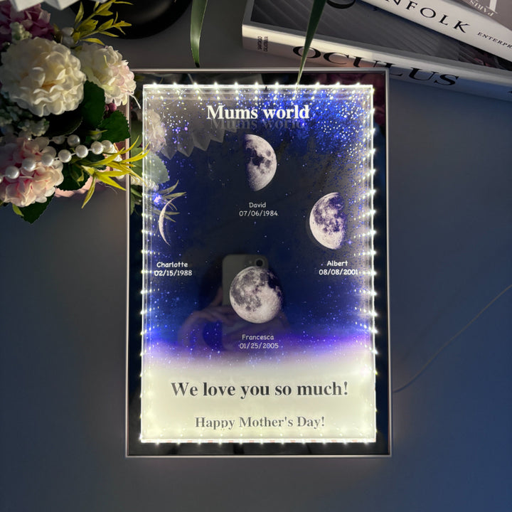 L'univers de maman/papa - Miroir lumineux personnalisé avec phases de lune étoilées