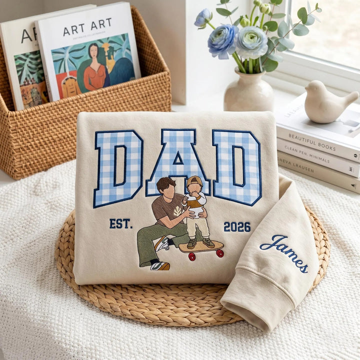 Sweat-shirt personnalisé avec appliqué brodé représentant le portrait d'un papa – Cadeau de fête des Pères