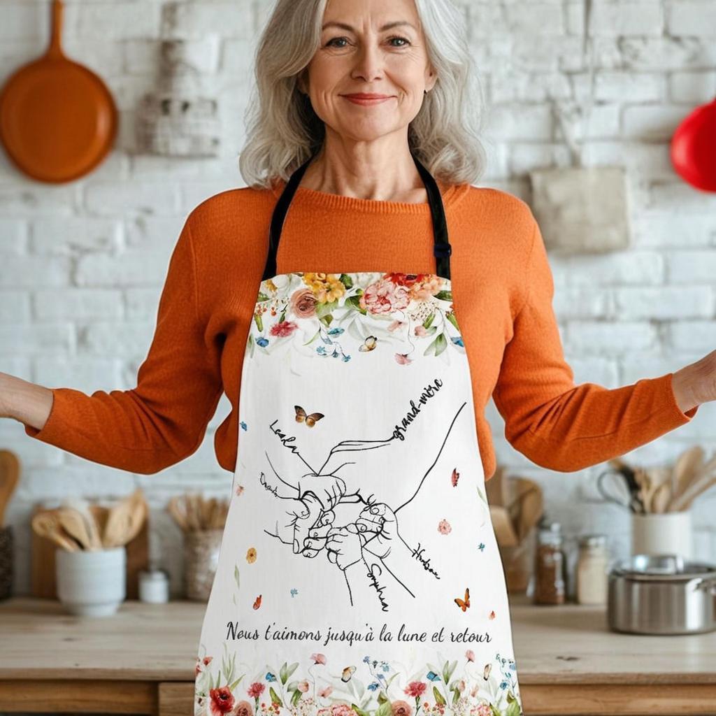 Tablier personnalisable maman et enfant se tenant la main, cadeau tablier personnalisé pour maman/grand-mère