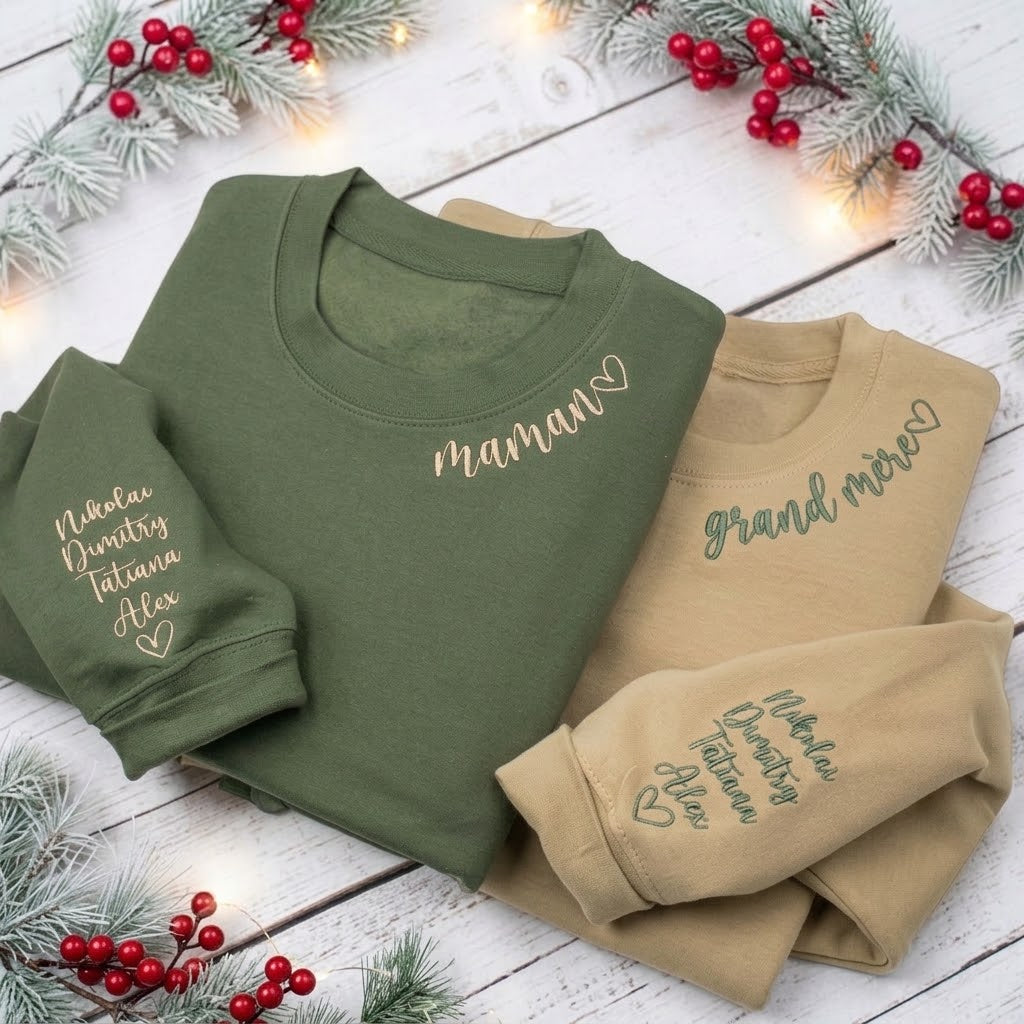 Sweat-shirt brodé personnalisé avec les noms des enfants sur la manche, cadeau parfait pour maman ou la famille
