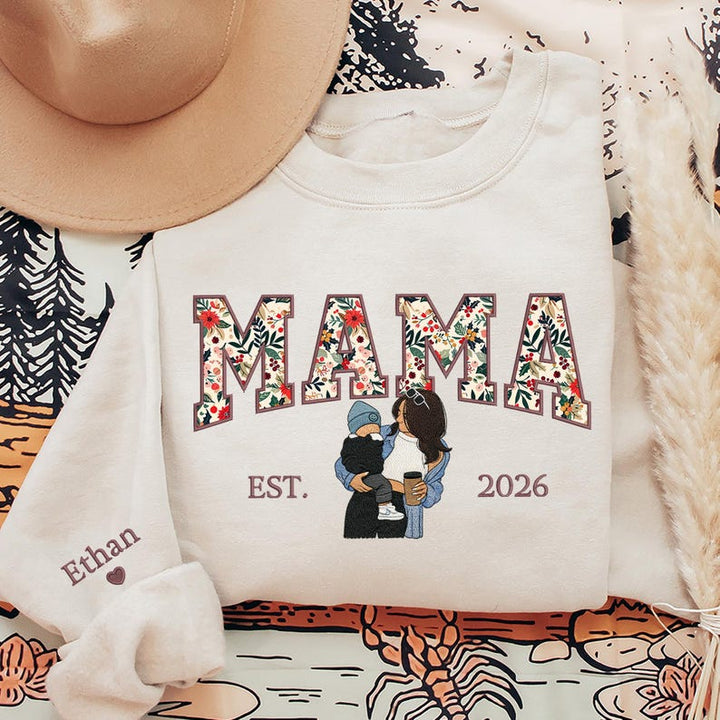 Sweat-shirt personnalisé brodé de motifs floraux avec portrait pour maman