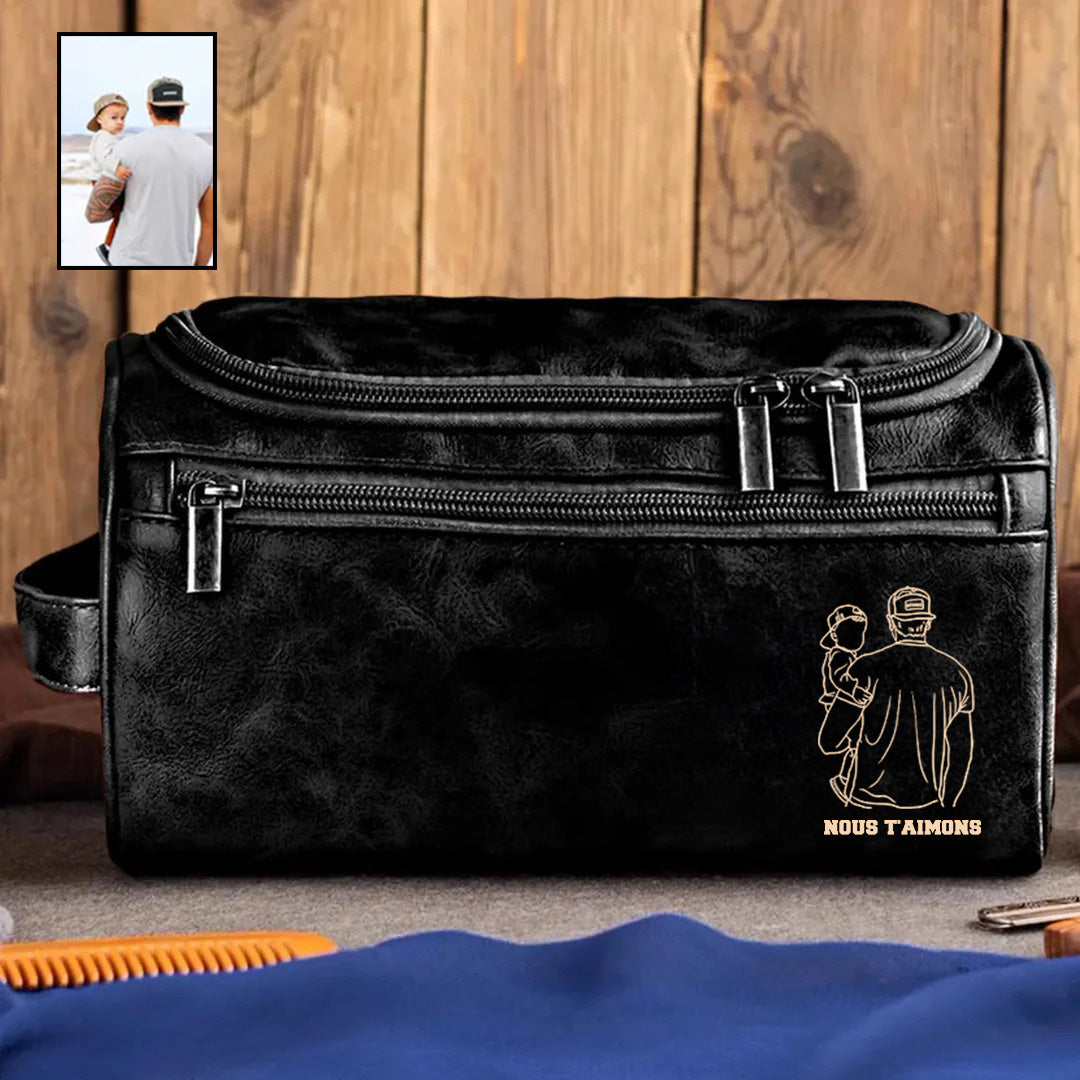 Portrait Personnalisé - Trousse de Toilette Homme en Cuir, Cadeau Unique pour Père