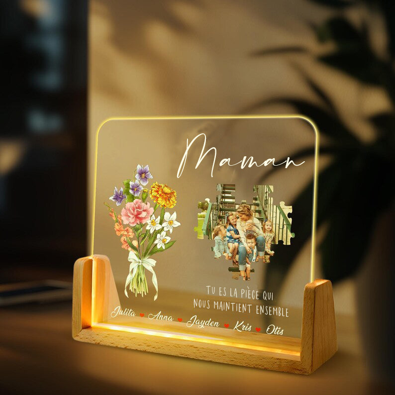 Lampe LED Photo Personnalisée, Cadeau de Fête des Mères avec Fleur de Mois de Naissance Personnalisée