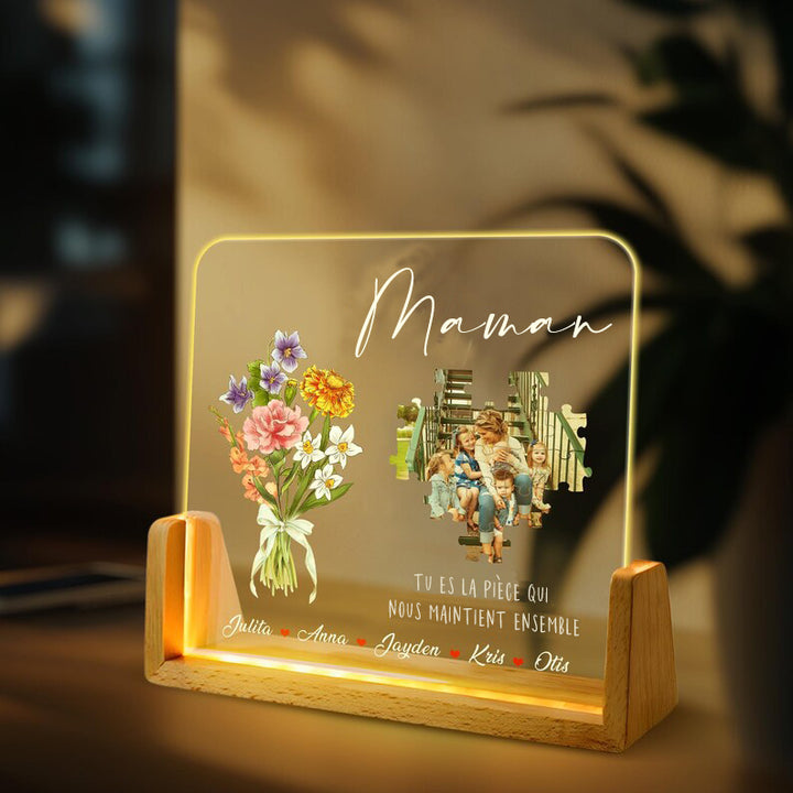 Lampe LED Photo Personnalisée, Cadeau de Fête des Mères avec Fleur de Mois de Naissance Personnalisée