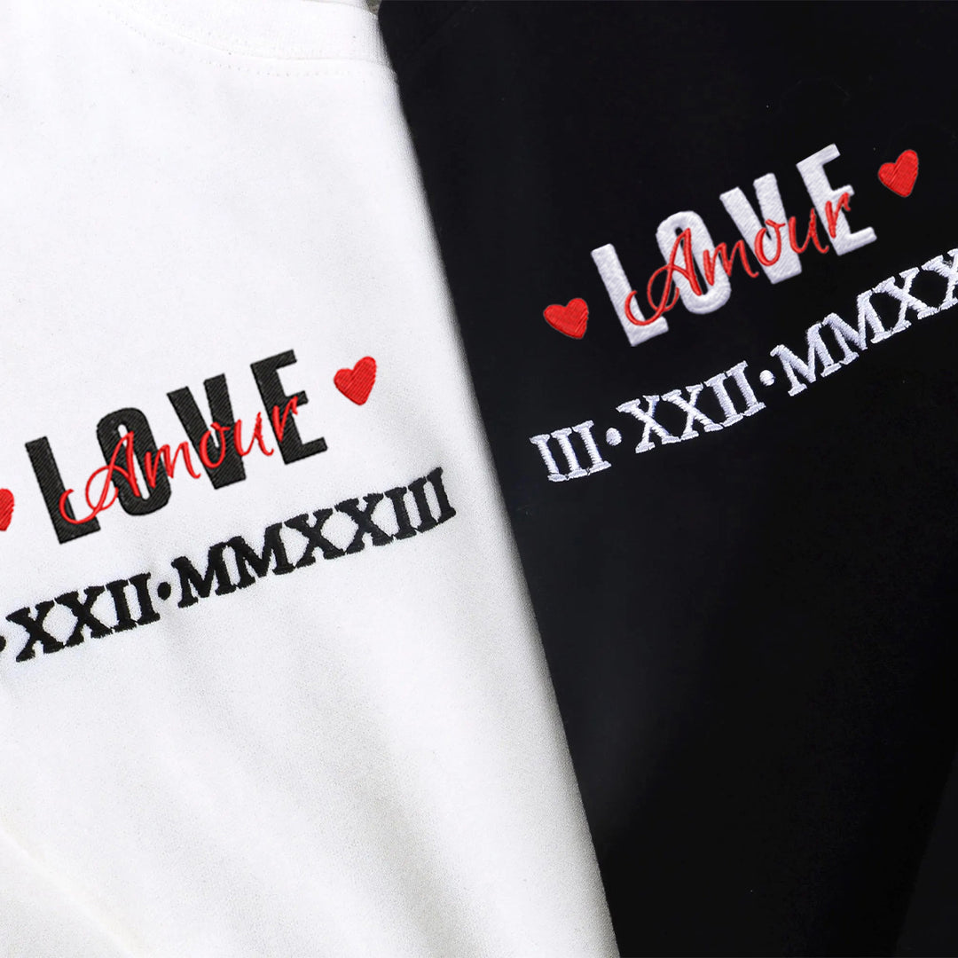 Sweat-shirts pour couples brodés en chiffres romains avec les mots LOVE et Amour