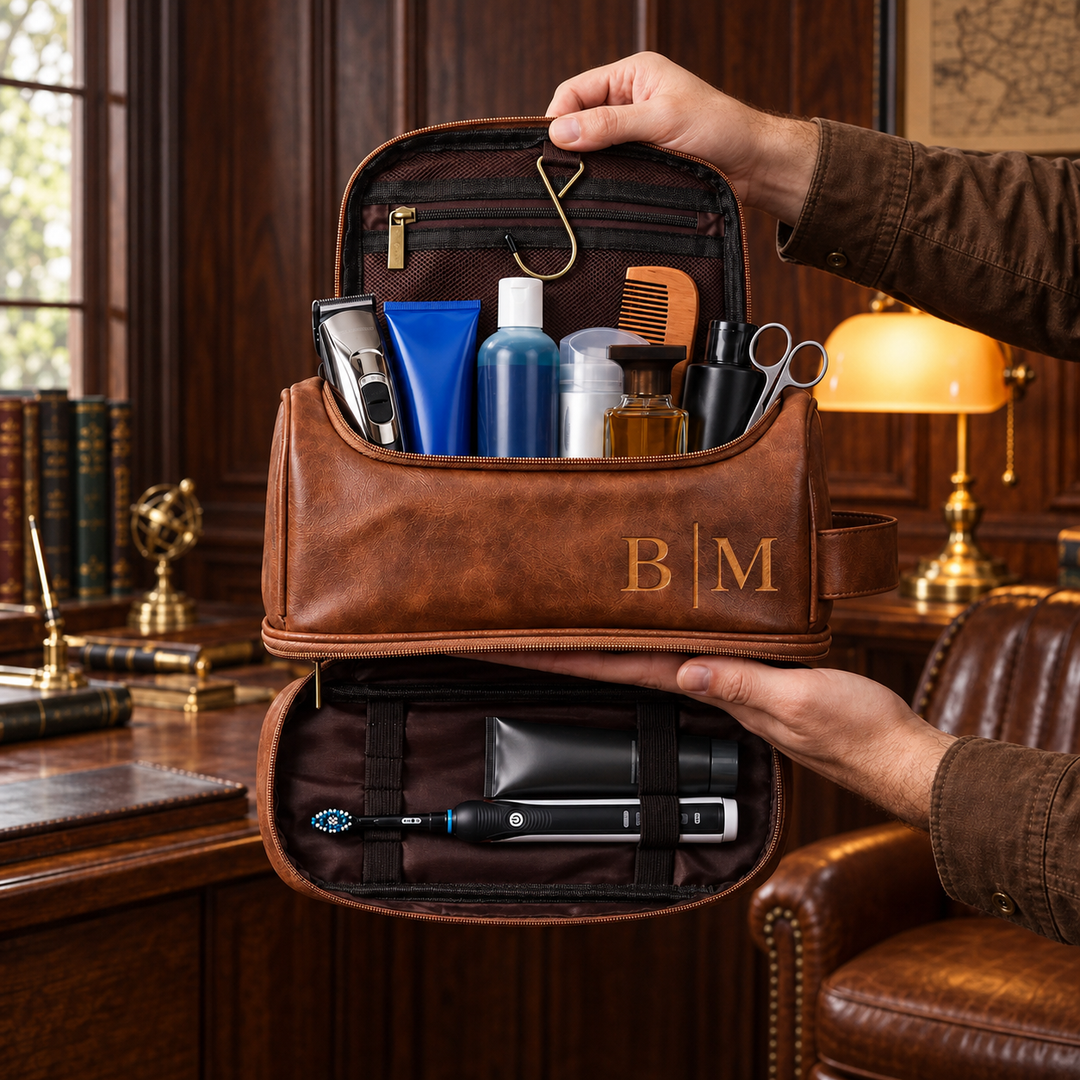 Trousse de toilette personnalisée en cuir double couche – un cadeau pour les pères et les hommes