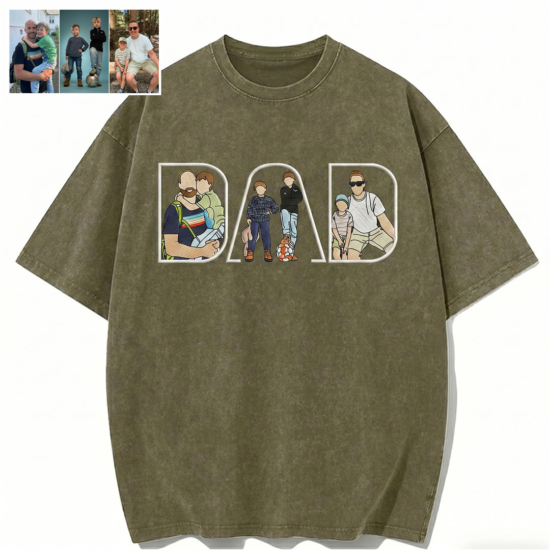 T-shirt lavé brodé avec photo personnalisée — Cadeau pour la fête des pères