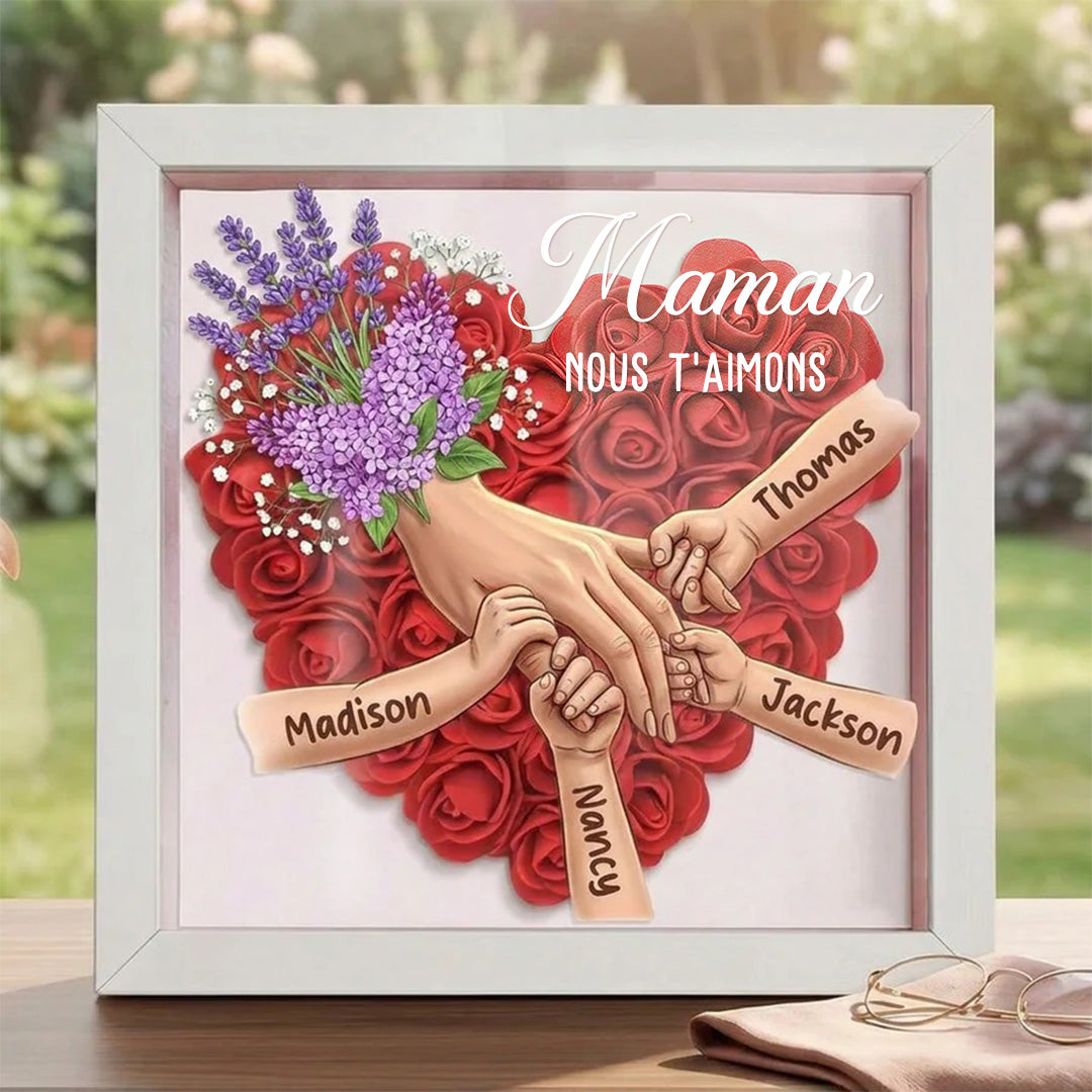 Cadre-vitrine personnalisé « Mains entrelacées » – Thème Lavande – Cadeau pour la fête des Mères