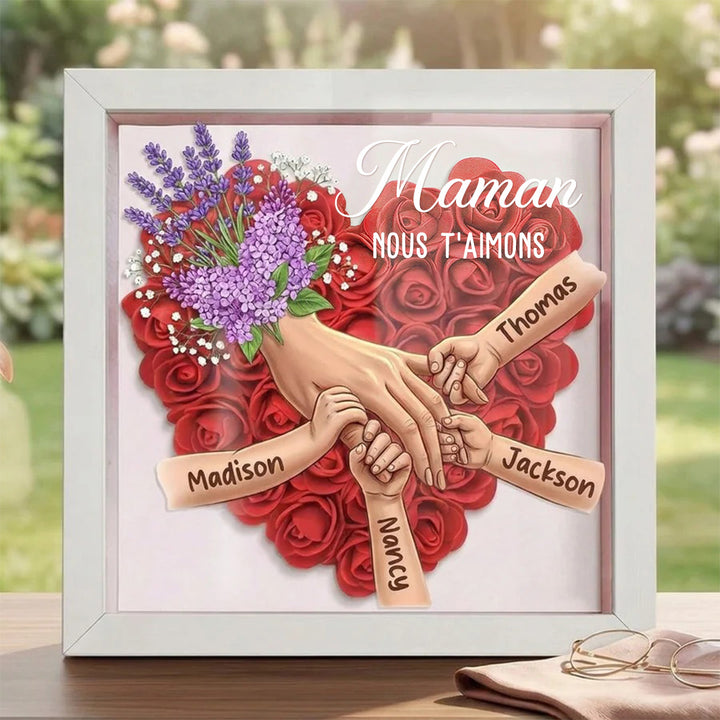 Cadre-vitrine personnalisé « Mains entrelacées » – Thème Lavande – Cadeau pour la fête des Mères