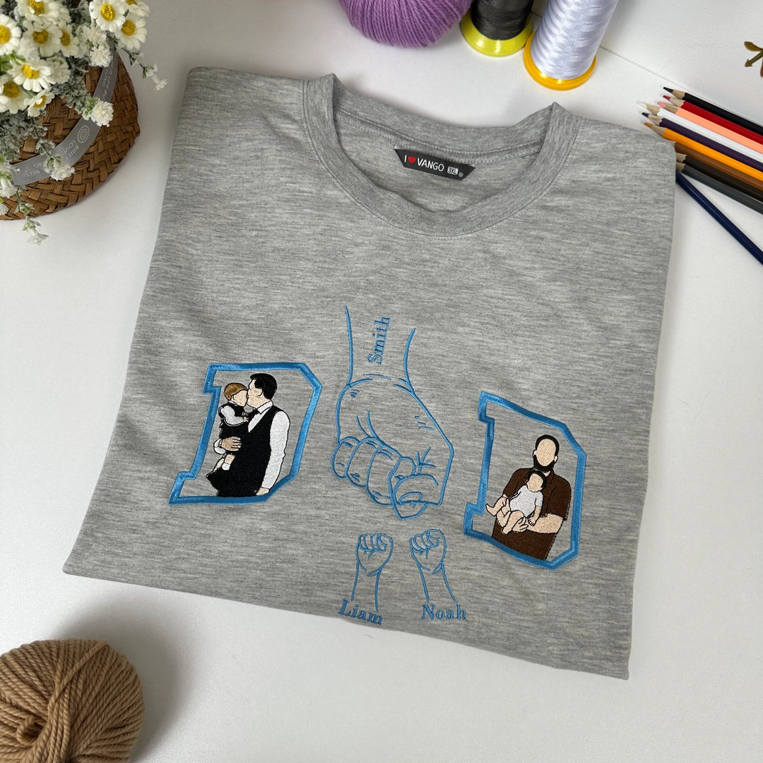 Photos brodées en couleur sur T-shirts et sweats – le cadeau idéal pour Papa