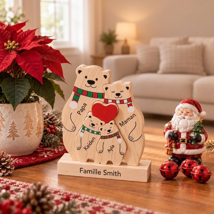 Puzzle Famille d’Ours en Bois Personnalisé avec Prénoms et Socle – Décoration de Noël pour Toute la Famille