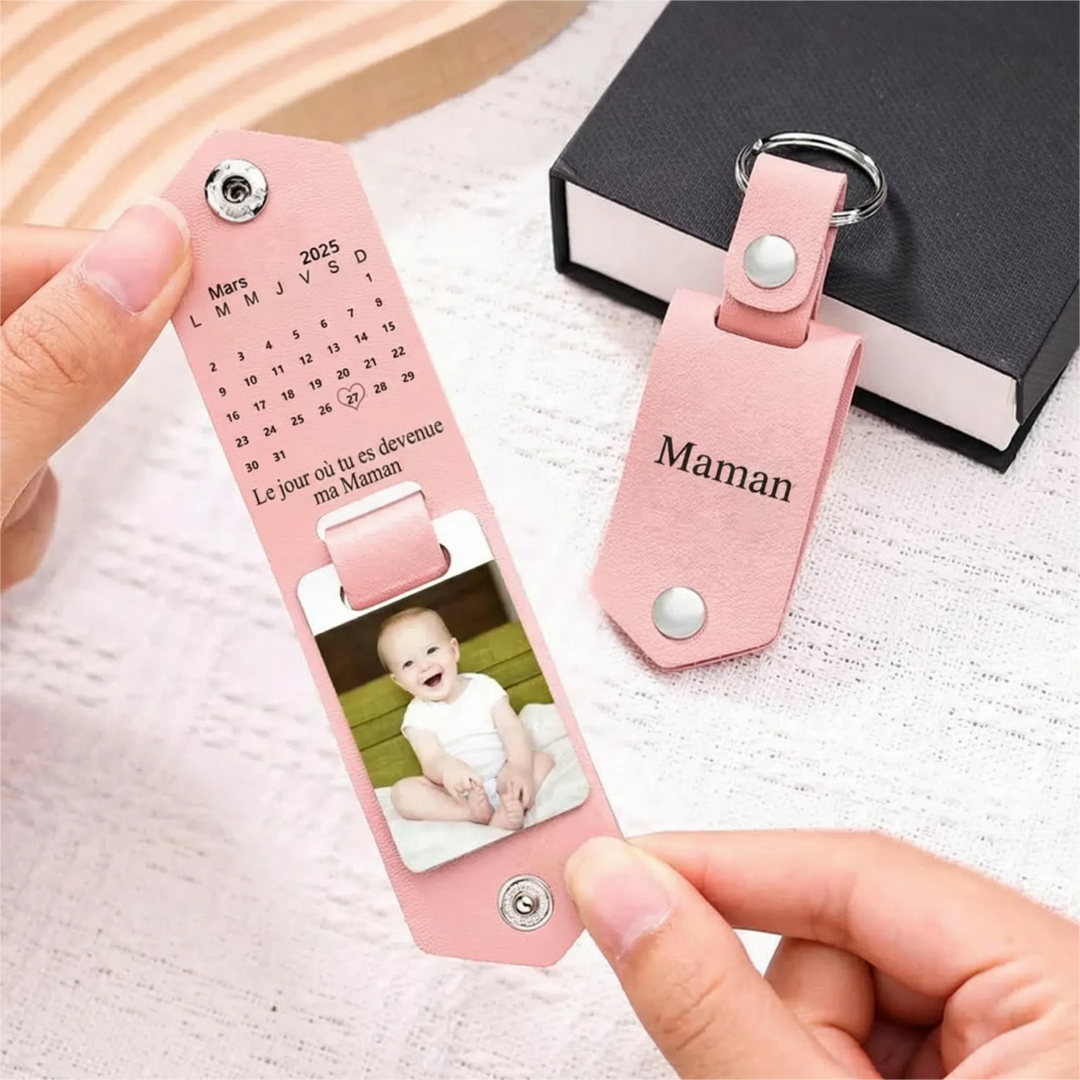 Porte-clés photo personnalisé en cuir avec date pour la famille