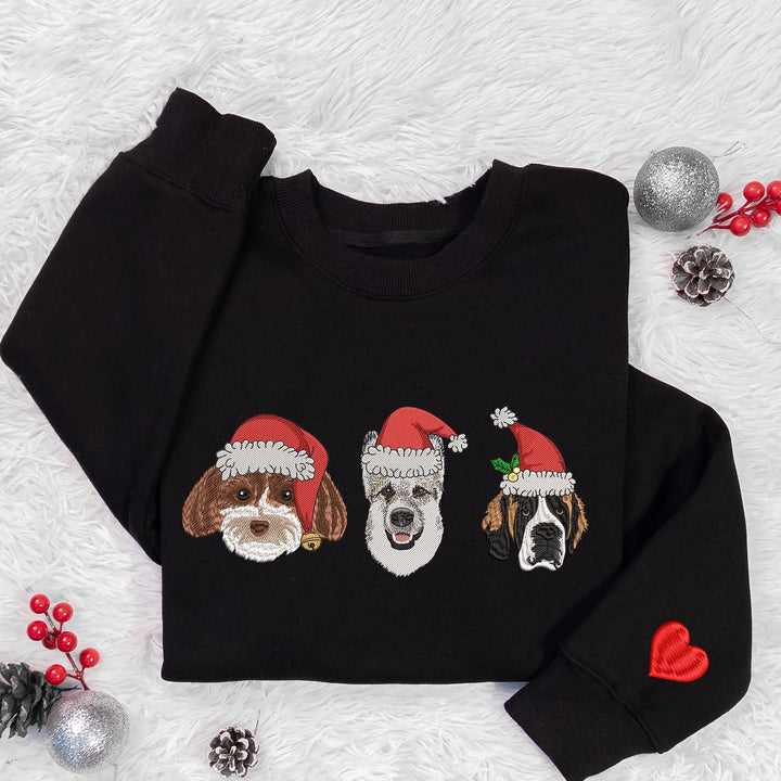 Sweat-shirt brodé personnalisé en couleur avec portrait d'animal de compagnie, avec chapeau de Noël