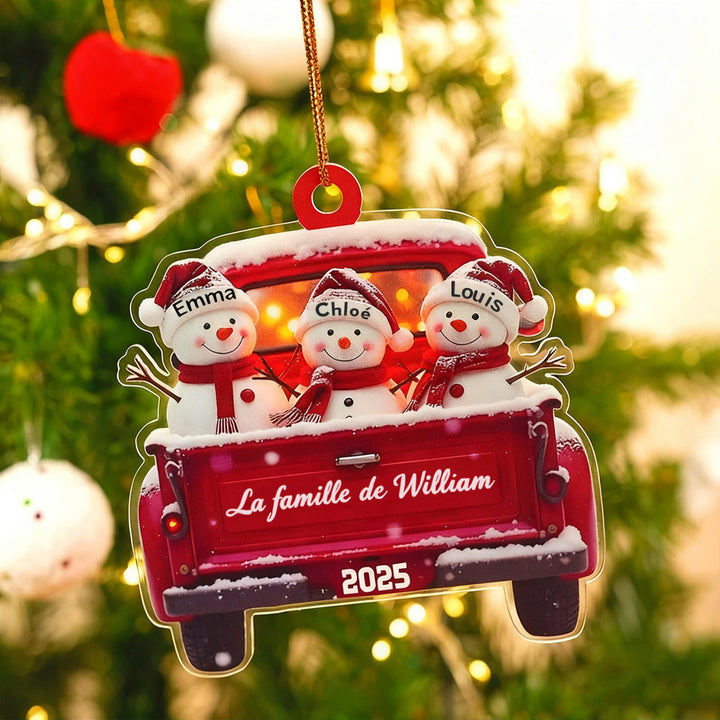 Décoration de Noël personnalisée en forme de bonhomme de neige mignon dans un camion rouge