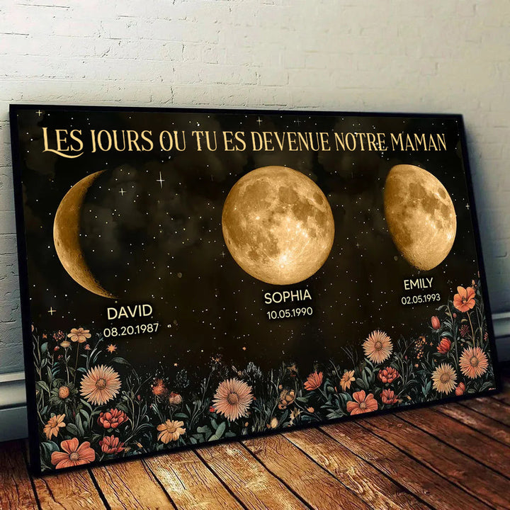 Affiche personnalisée avec phases de lune et fleurs vintage, cadeau sincère pour la fête des Mères 2025