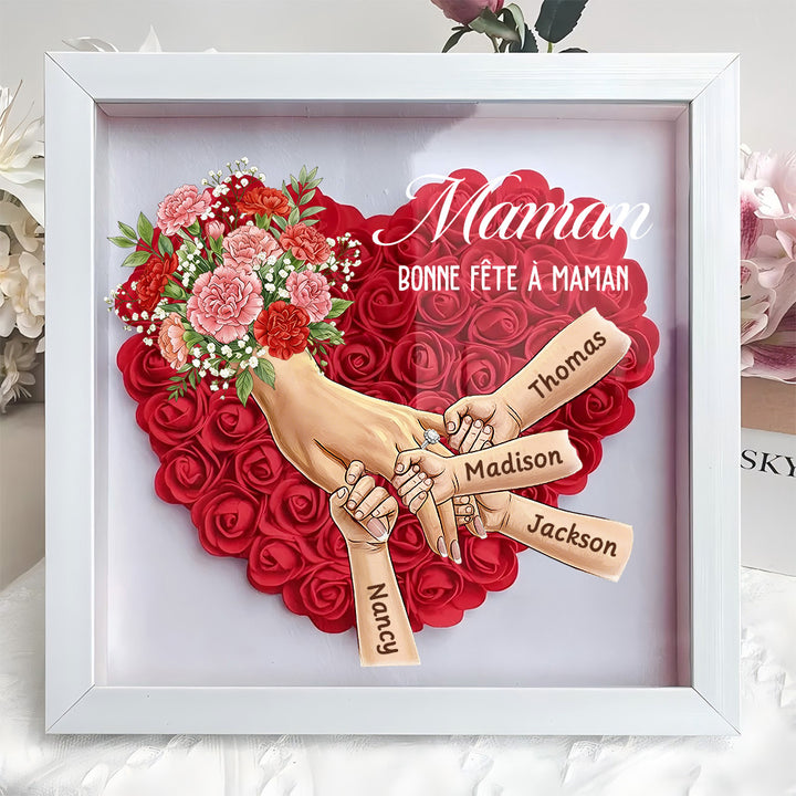Boîte d’ombre cœur floral personnalisée Maman mains avec prénoms enfants et bague manicure
