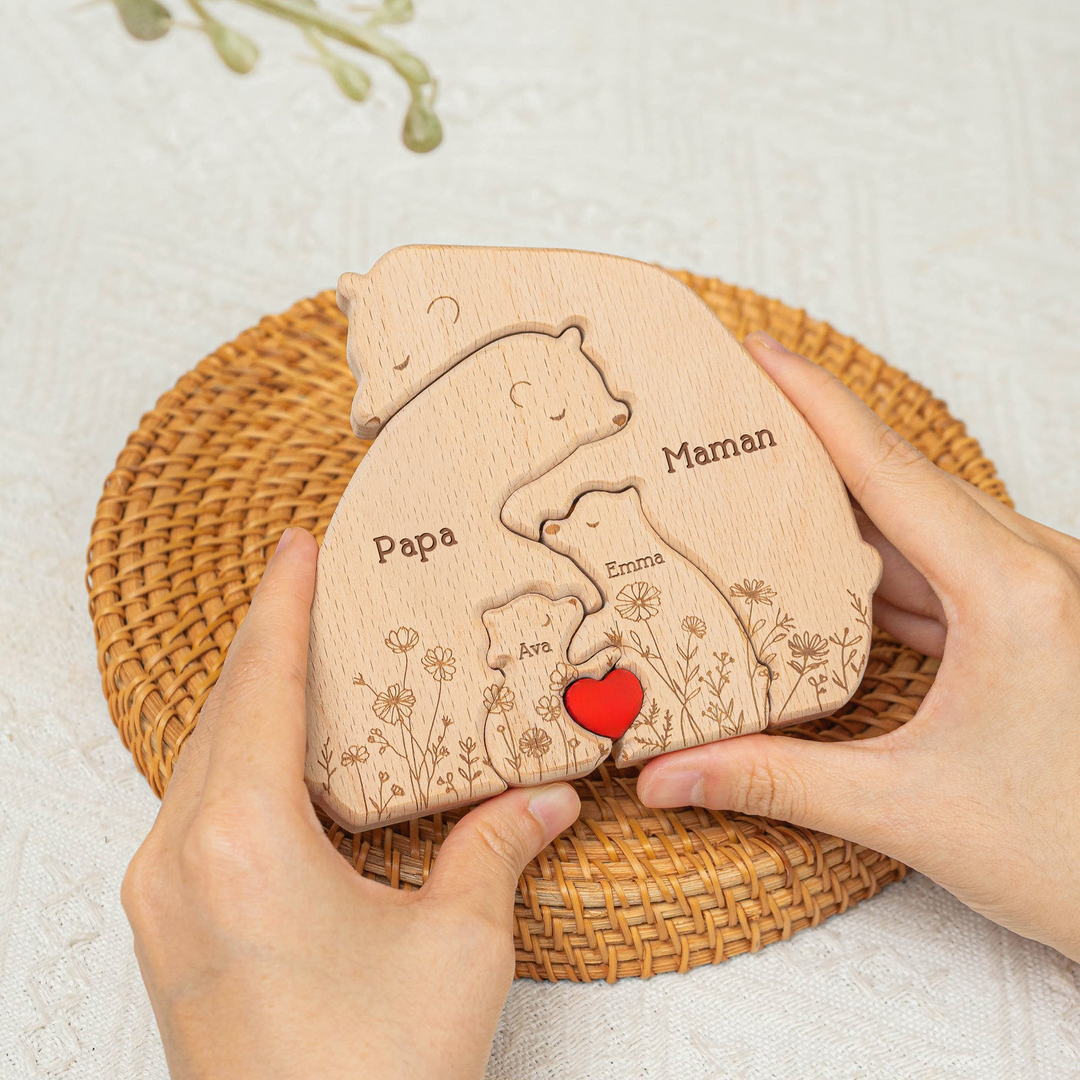 Édition florale de la famille d'ours - Puzzle personnalisé en bois de la famille d'ours