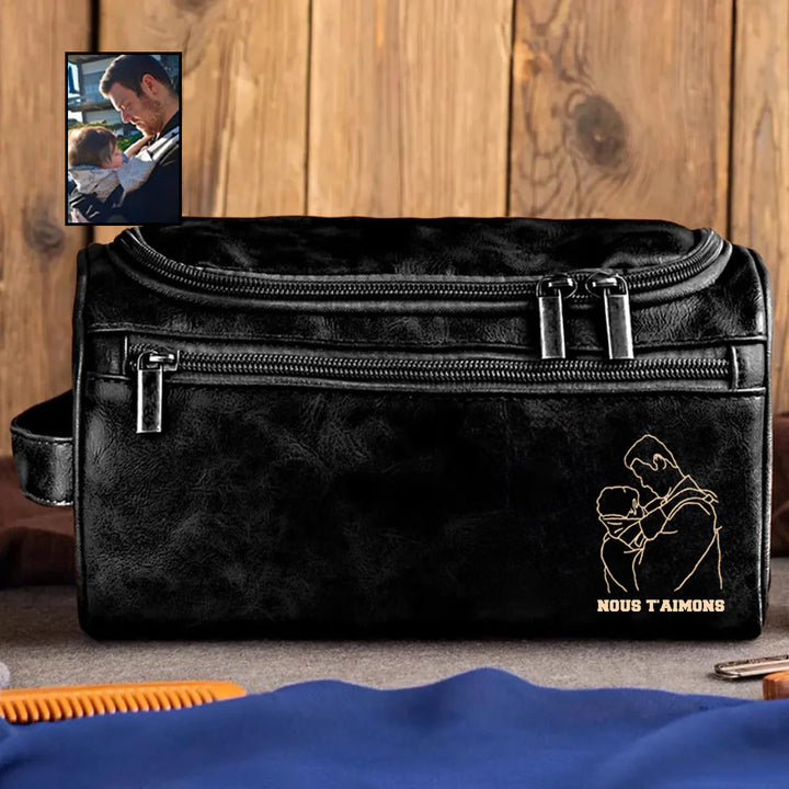 Portrait Personnalisé - Trousse de Toilette Homme en Cuir, Cadeau Unique pour Père