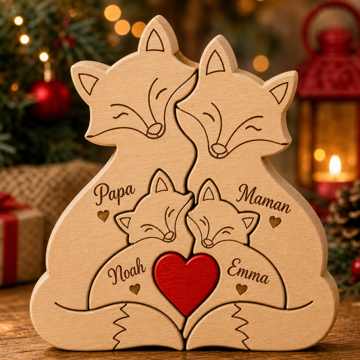 Puzzle Famille de Renards en Bois Personnalisé avec Prénoms– Décoration de Noël pour Toute la Famille