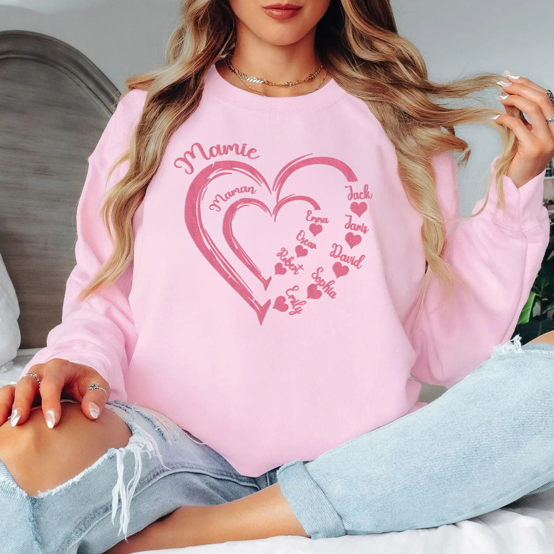 Sweat-shirt brodé personnalisé pour Mamie avec les prénoms des enfants