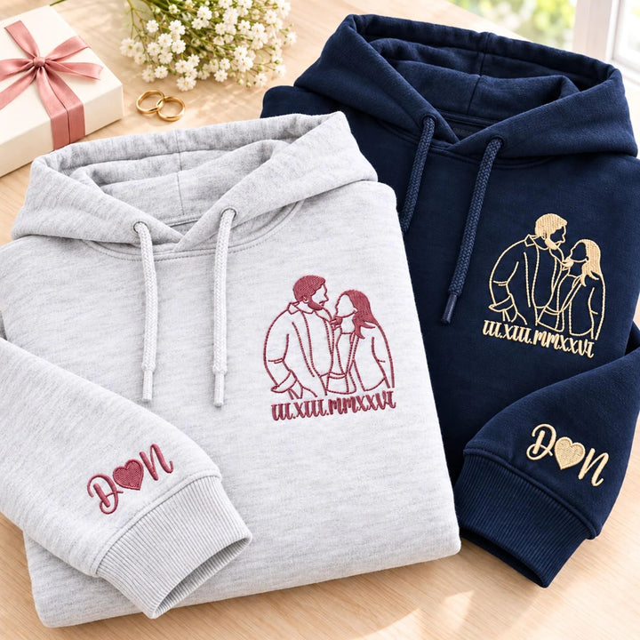Sweat-shirt/T-shirt à chiffres romains avec contour brodé du portrait,un cadeau parfait pour les couples