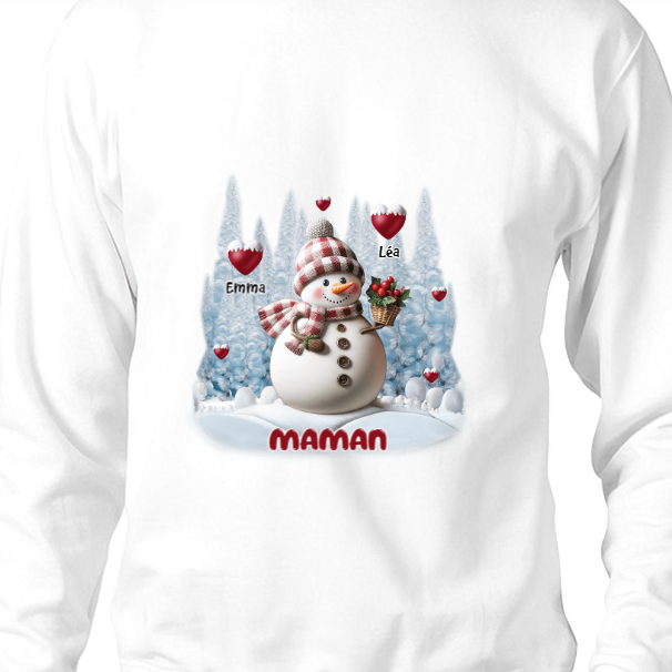Sweat-shirt personnalisé Joyeux Noël Bonhomme de neige Grand-mère Maman Doux Cœur Enfants