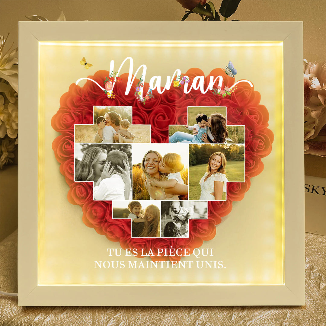 Boîte d’ombre cœur en roses personnalisée avec photos – Cadre souvenir familial