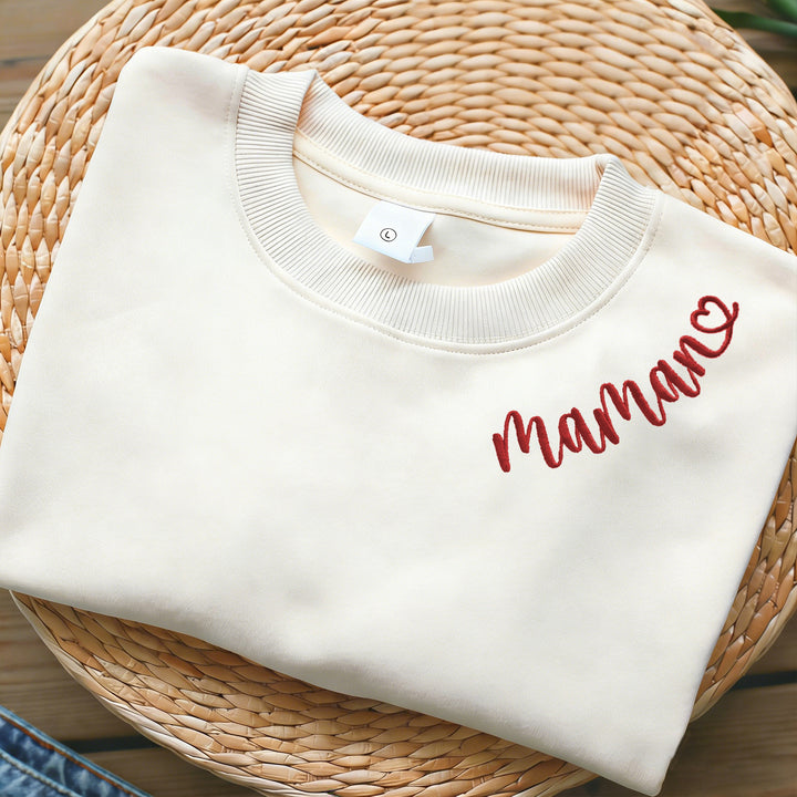 Sweat-shirt brodé « MAMAN » avec cœur – Cadeau idéal pour la fête des mères