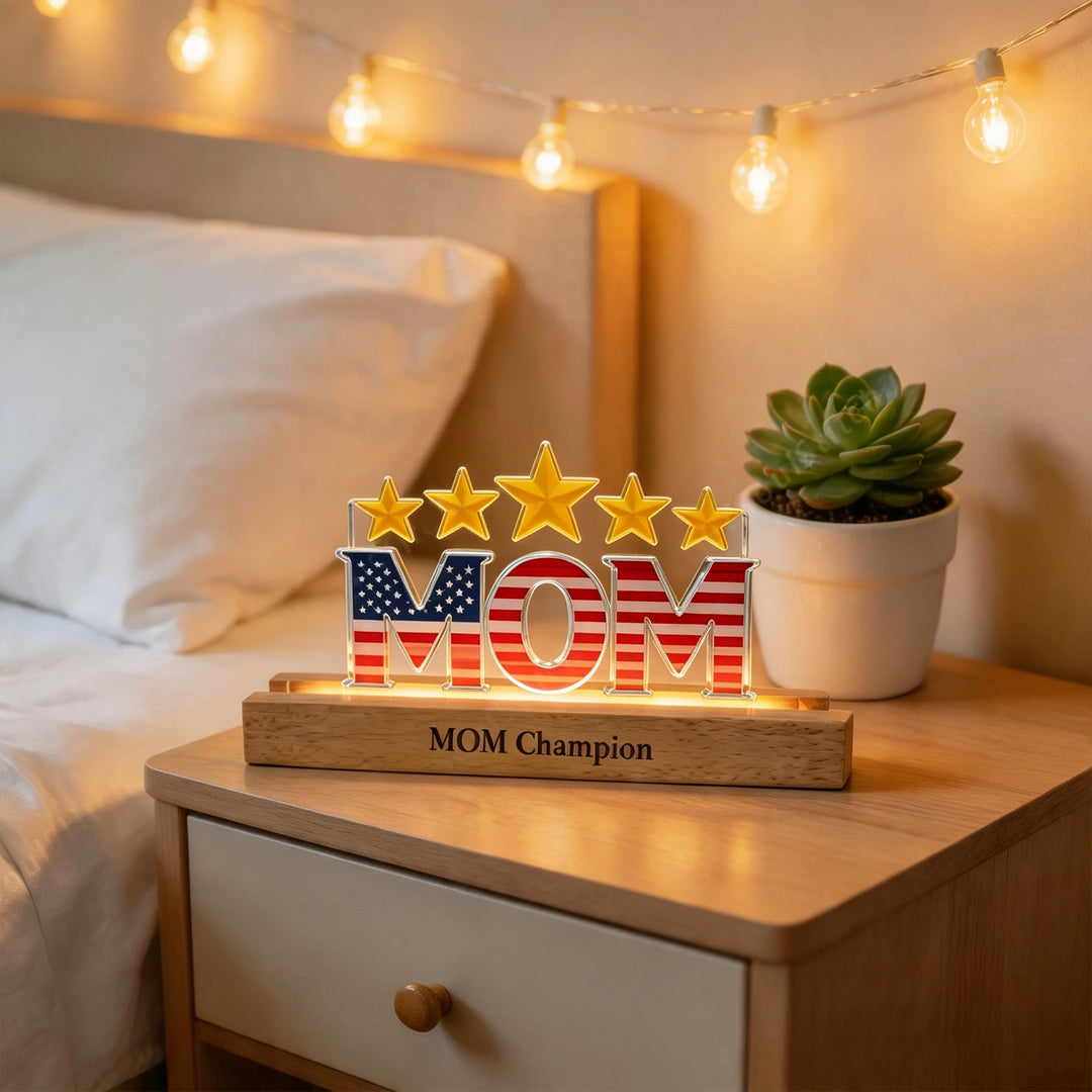 Lettre lumineuse personnalisée motif drapeau, avec étoiles et prénom — Cadeau pour les parents