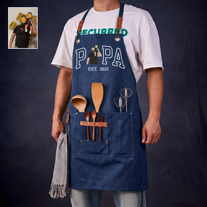 Tablier de barbecue en toile cirée brodée d'un portrait, cadeau pour papa