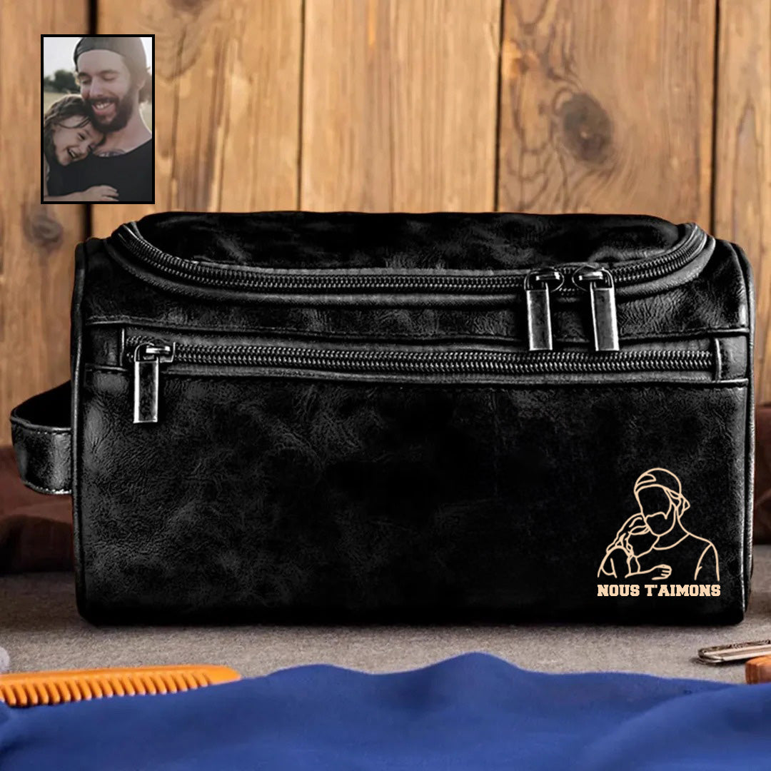 Portrait Personnalisé - Trousse de Toilette Homme en Cuir, Cadeau Unique pour Père