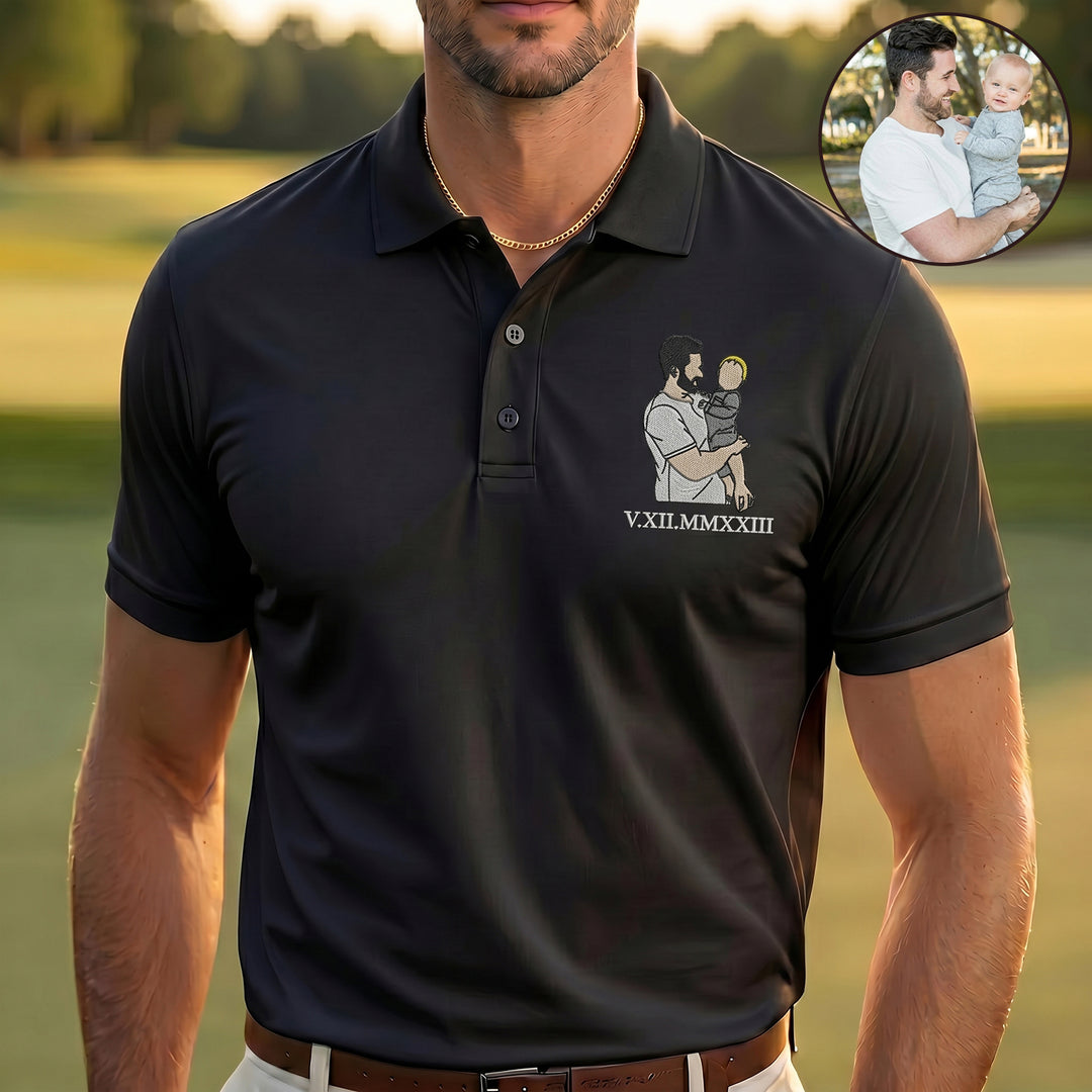 Polo personnalisé avec portrait couleur et date romaine, le cadeau parfait pour papa