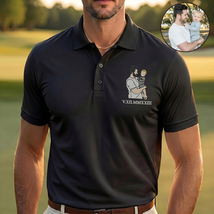 Polo personnalisé avec portrait couleur et date romaine, le cadeau parfait pour papa