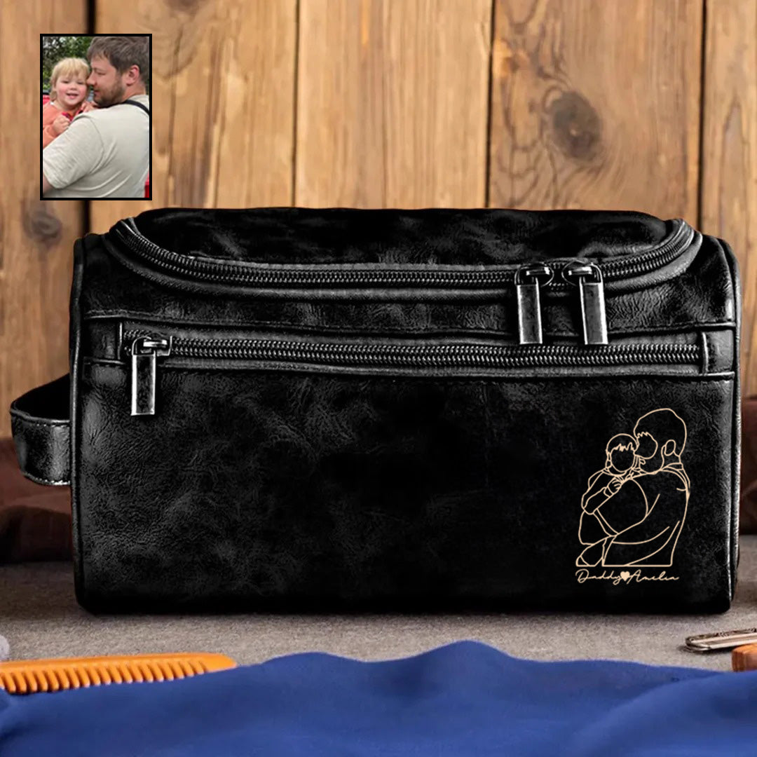 Portrait Personnalisé - Trousse de Toilette Homme en Cuir, Cadeau Unique pour Père