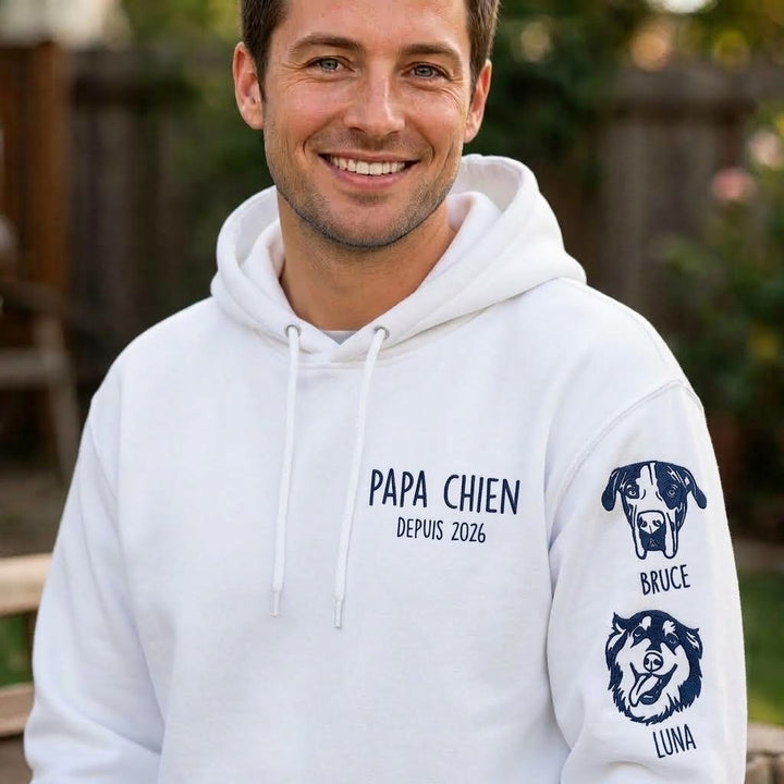 Sweat-shirt personnalisé pour maman de chien, portrait et prénoms de vos compagnons brodés sur les manches