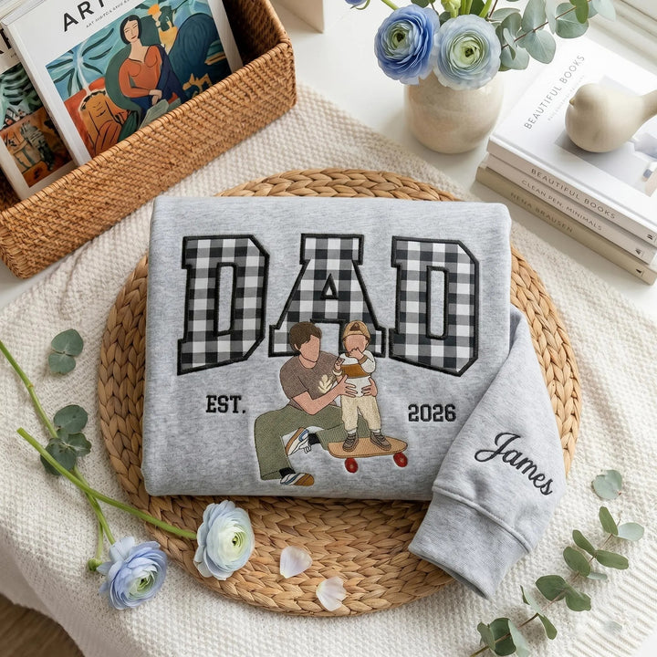 Sweat-shirt personnalisé avec appliqué brodé représentant le portrait d'un papa – Cadeau de fête des Pères
