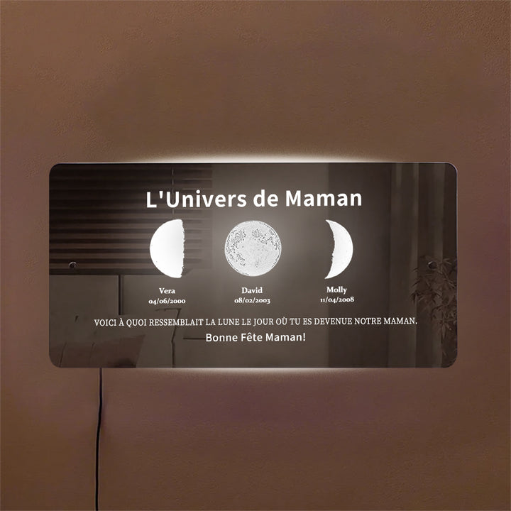 Miroir lumineux personnalisé avec phases de lune et date - Cadre artistique personnalisé pour maman - L’univers de Maman