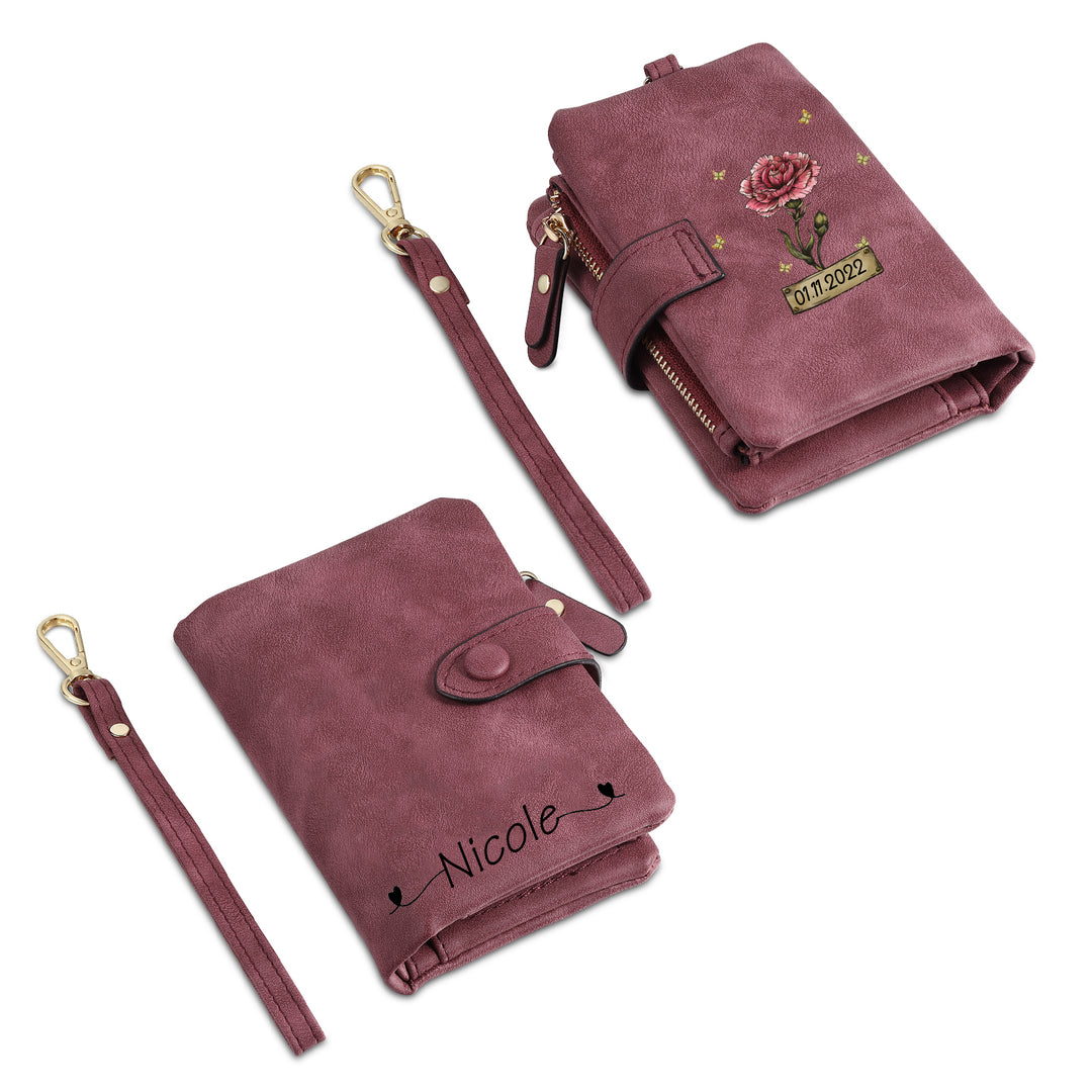 Portefeuille Fleur de naissance 1 Prénom et Photo Personnalisés avec Date Porte-Monnaie Carte pour Femmes