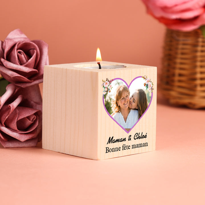 À ma Maman - Bougeoirs en Bois sans bougie 2 Textes Personnalisé avec photo