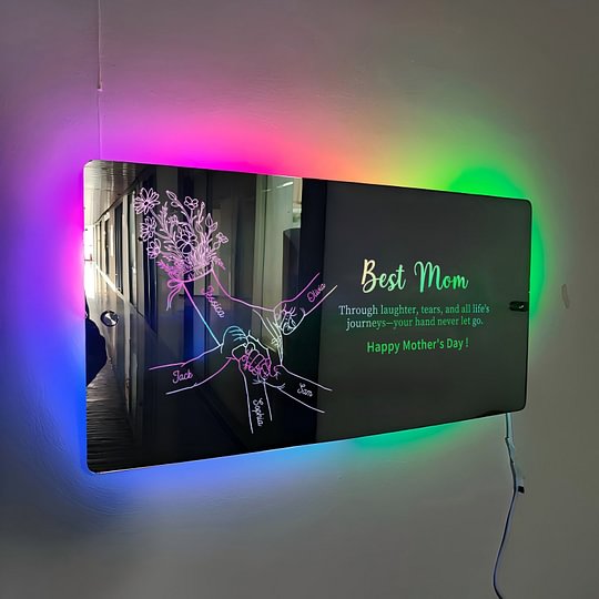 Miroir lumineux personnalisé avec les mains de maman et des enfants — Cadeau pour la fête des Mères